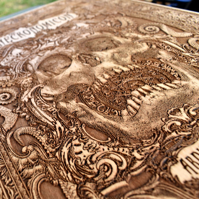 Cthulhu engraved wood panel for gothic horror interiors