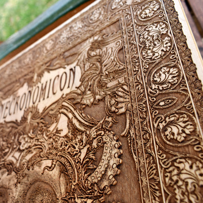 H.P. Lovecraft themed wall art with Necronomicon details