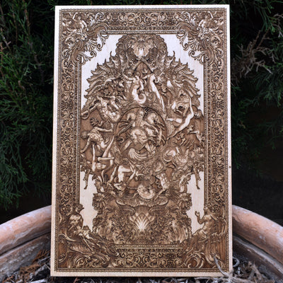 Neptune nautical wood artwork engraving, handcrafted ocean god wall decor, maritime wooden art for sea lovers and sailors.