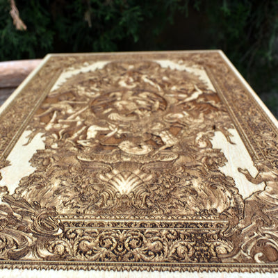 Intricately detailed Neptune ocean god wooden engraving, nautical decor piece for sea and mythology enthusiasts.