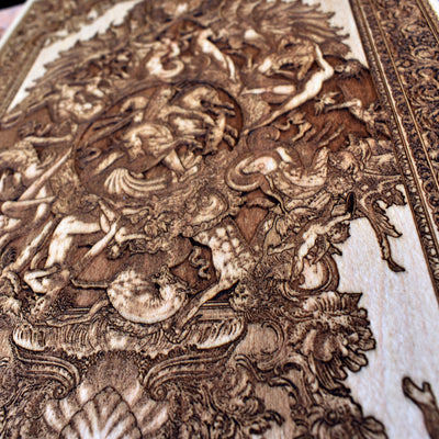 Engraved Neptune nautical wall art, wooden ocean god artwork for maritime lovers, sailors, and coastal home decor.