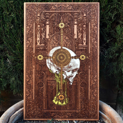 Religion - Large Cedar wood limited Edition – gothic art, engraved wood, dark fantasy, skeleton design, artisan crafted