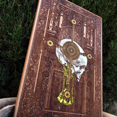 Gothic engraved wood art – gothic art, engraved wood, dark fantasy, skeleton design, artisan crafted