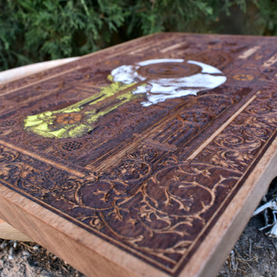 Gothic engraved wood art – gothic art, engraved wood, dark fantasy, skeleton design, artisan crafted