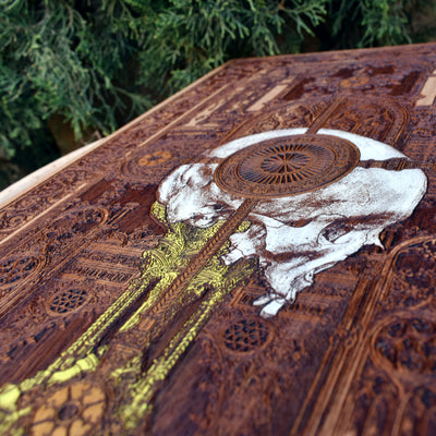 Gothic engraved wood art – gothic art, engraved wood, dark fantasy, skeleton design, artisan crafted