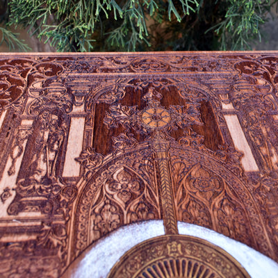 Gothic engraved wood art – gothic art, engraved wood, dark fantasy, skeleton design, artisan crafted