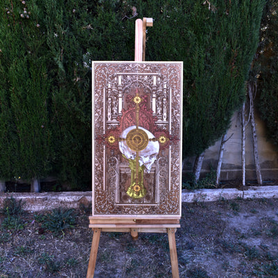 Gothic engraved wood art – gothic art, engraved wood, dark fantasy, skeleton design, artisan crafted