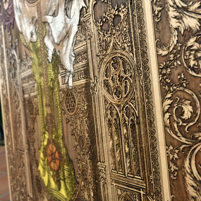 Gothic engraved wood art – gothic art, engraved wood, dark fantasy, skeleton design, artisan crafted