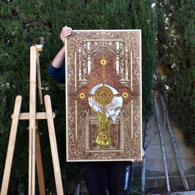 Gothic engraved wood art – gothic art, engraved wood, dark fantasy, skeleton design, artisan crafted