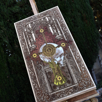 Gothic engraved wood art – gothic art, engraved wood, dark fantasy, skeleton design, artisan crafted