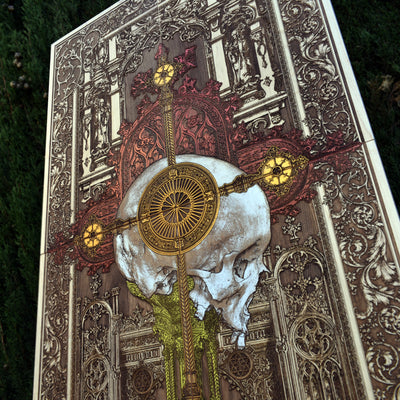 Gothic engraved wood art – gothic art, engraved wood, dark fantasy, skeleton design, artisan crafted