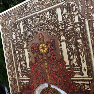 Gothic engraved wood art – gothic art, engraved wood, dark fantasy, skeleton design, artisan crafted