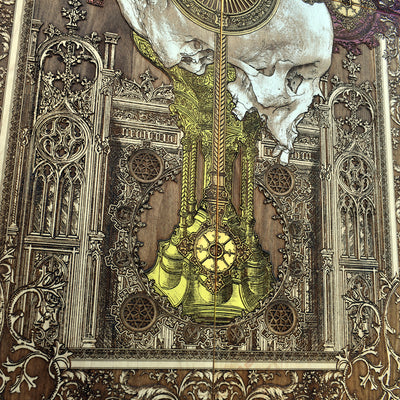 Gothic engraved wood art – gothic art, engraved wood, dark fantasy, skeleton design, artisan crafted