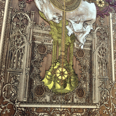 Gothic engraved wood art – gothic art, engraved wood, dark fantasy, skeleton design, artisan crafted