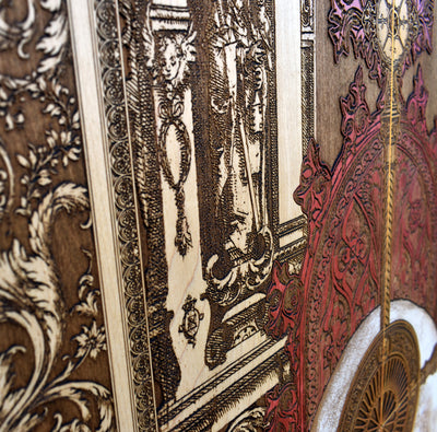 Gothic engraved wood art – gothic art, engraved wood, dark fantasy, skeleton design, artisan crafted