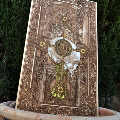 Gothic engraved wood art – gothic art, engraved wood, dark fantasy, skeleton design, artisan crafted