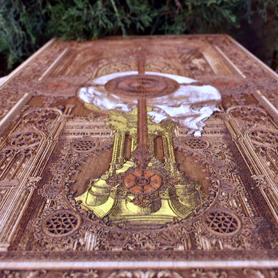 Gothic engraved wood art – gothic art, engraved wood, dark fantasy, skeleton design, artisan crafted