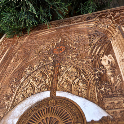 Gothic engraved wood art – gothic art, engraved wood, dark fantasy, skeleton design, artisan crafted