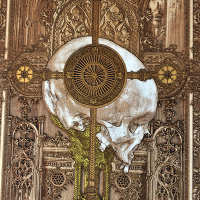 Gothic engraved wood art – gothic art, engraved wood, dark fantasy, skeleton design, artisan crafted