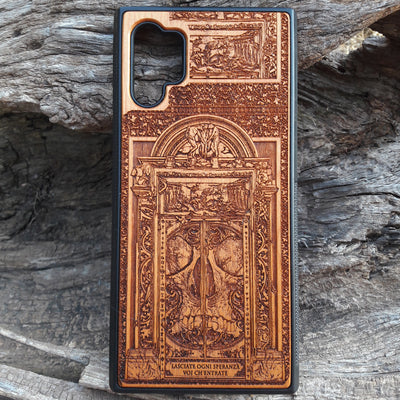 Hell Gate II wooden phone case featuring detailed gothic engravings, perfect for iPhone & Samsung Galaxy. Ideal for dark fantasy fans seeking a custom, protective phone cover.