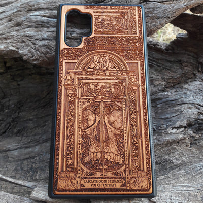 Hell Gate II wooden phone case featuring detailed gothic engravings, perfect for iPhone & Samsung Galaxy. Ideal for dark fantasy fans seeking a custom, protective phone cover.