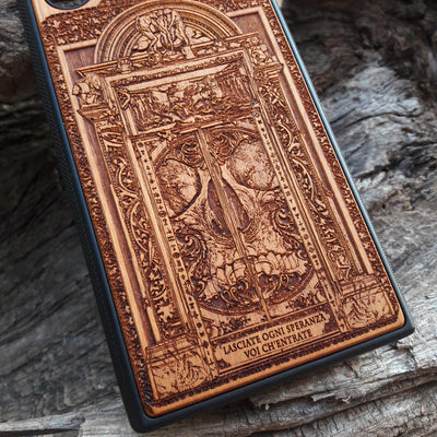 Hell Gate II wooden phone case featuring detailed gothic engravings, perfect for iPhone & Samsung Galaxy. Ideal for dark fantasy fans seeking a custom, protective phone cover.