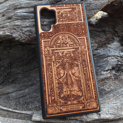 Hell Gate II wooden phone case featuring detailed gothic engravings, perfect for iPhone & Samsung Galaxy. Ideal for dark fantasy fans seeking a custom, protective phone cover.