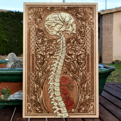 Gothic wood wall art of human skull with Roman numeral spine and red roses