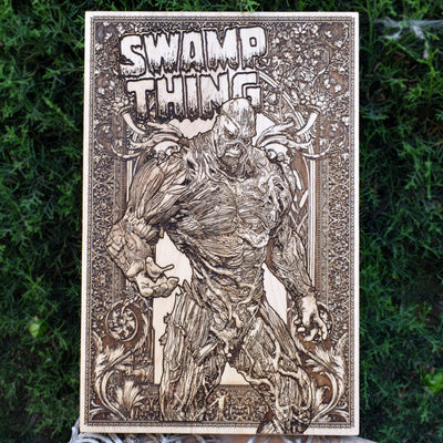 Swamp Thing wood engraving – handcrafted horror artwork, laser-engraved for gothic decor lovers.

