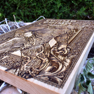 Horror-inspired Swamp Thing engraving on wood – perfect gothic decor for homes and offices.