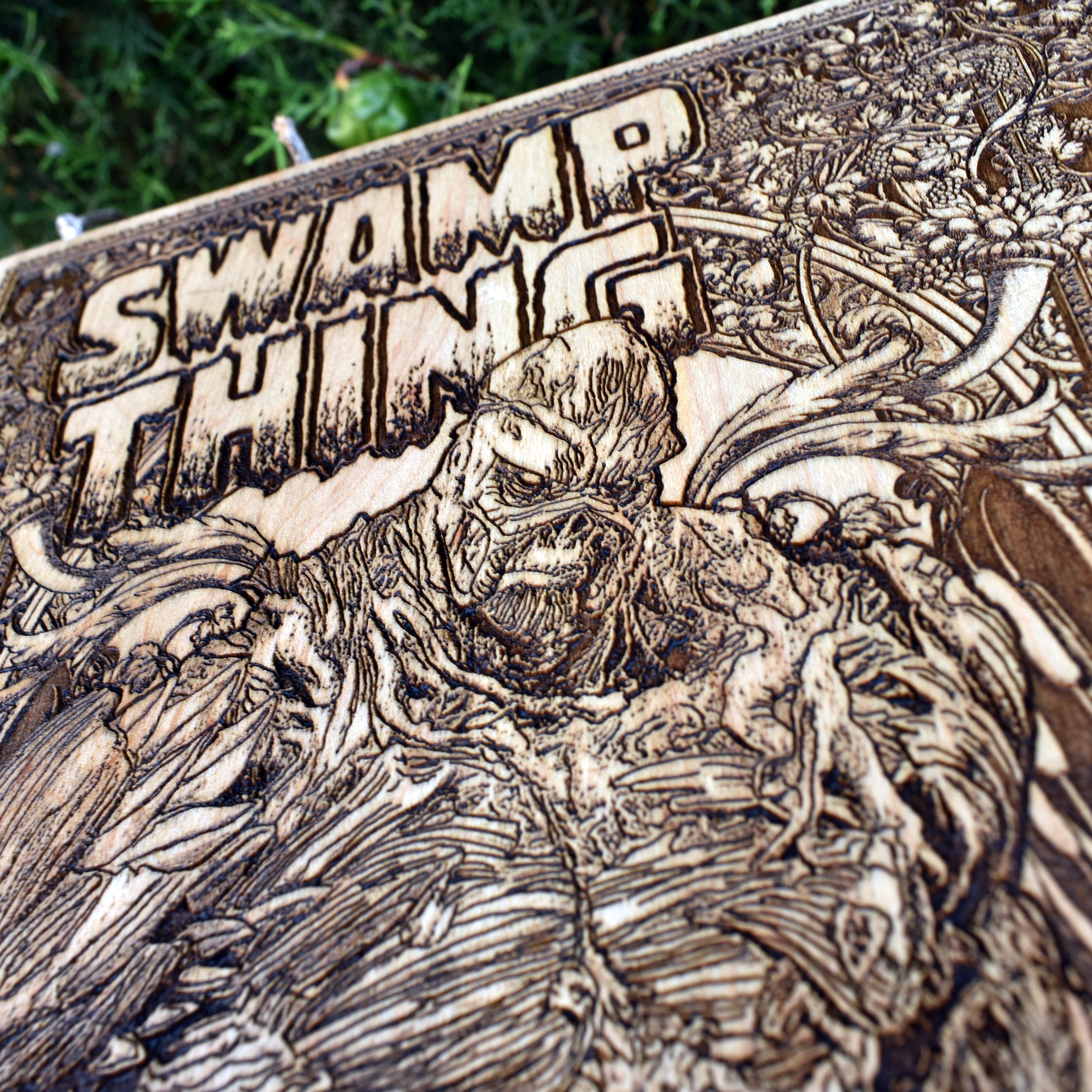 Laser-engraved Swamp Thing horror wall art – eerie, detailed wooden decor piece.