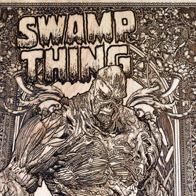 Dark fantasy Swamp Thing wood engraving – handmade gothic horror decor.