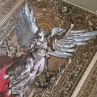 Limited edition maple wood artwork of St. Michael the Archangel, perfect for gothic and religious decor, spiritual art collectors, and sacred spaces.