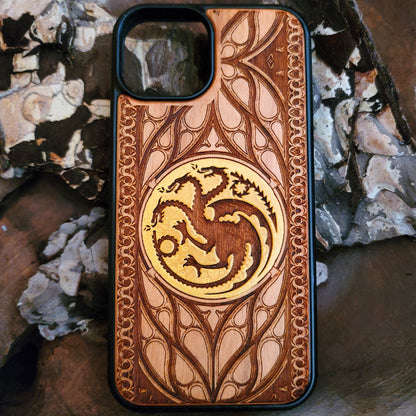 Wood Phone Case - Custom Symbol Dragon Design Hand Painted