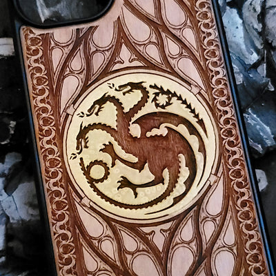 Targaryen Dragon Wood Phone Case for iPhone , 15, 14, 13, 12, 11 Pro Max Mini, Samsung Galaxy S, S24, S23, S22, S21, S20 Ultra Plus Note 20. Custom laser-engraved dragon design.