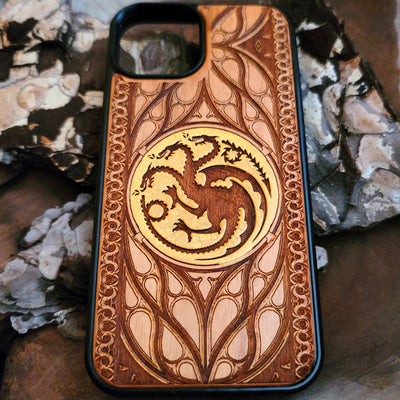 Targaryen Dragon Wood Phone Case for iPhone , 15, 14, 13, 12, 11 Pro Max Mini, Samsung Galaxy S, S24, S23, S22, S21, S20 Ultra Plus Note 20. Custom laser-engraved dragon design.