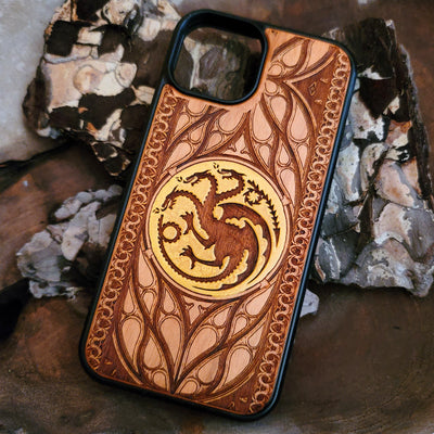 Targaryen Dragon Wood Phone Case for iPhone , 15, 14, 13, 12, 11 Pro Max Mini, Samsung Galaxy S, S24, S23, S22, S21, S20 Ultra Plus Note 20. Custom laser-engraved dragon design.