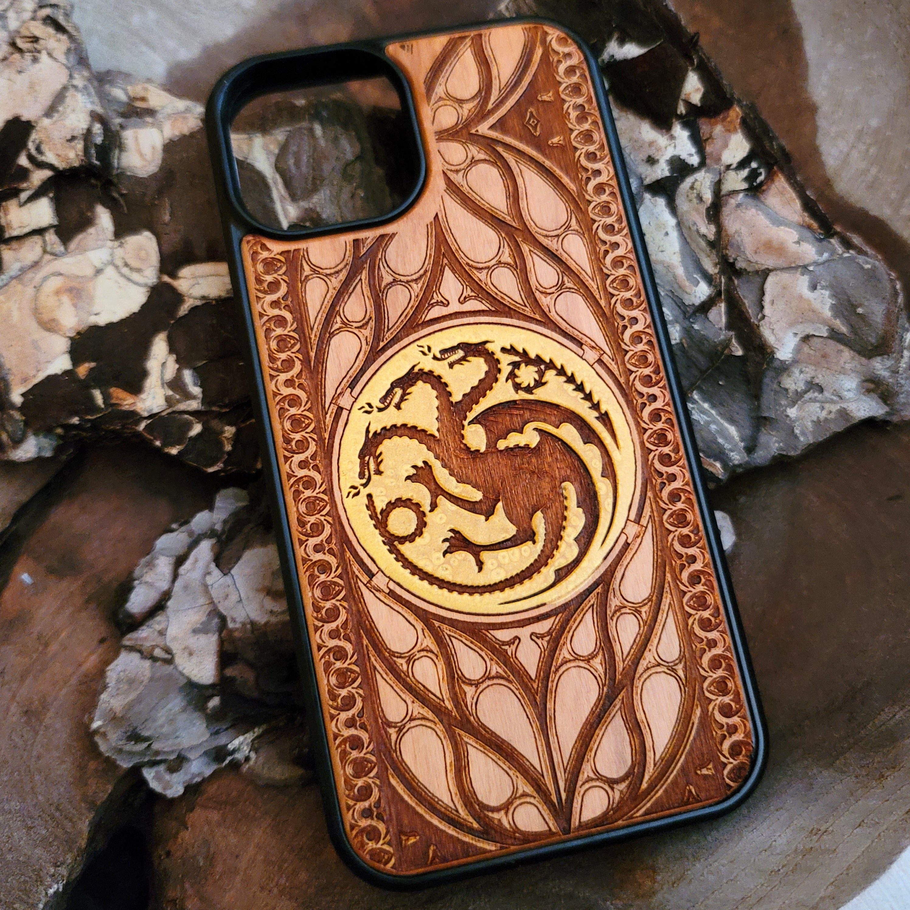 Wood Phone Case - Custom Symbol Dragon Design Hand Painted