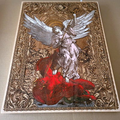 Stunning maple wood engraving of St. Michael the Archangel, a masterpiece of gothic religious art, ideal for home decor or sacred spaces.