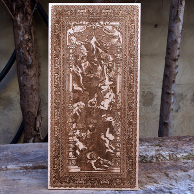 St. Michael the Archangel slaying evil in a breathtaking maple wood engraving. Gothic-style artwork ideal for religious, spiritual, and collector’s decor.