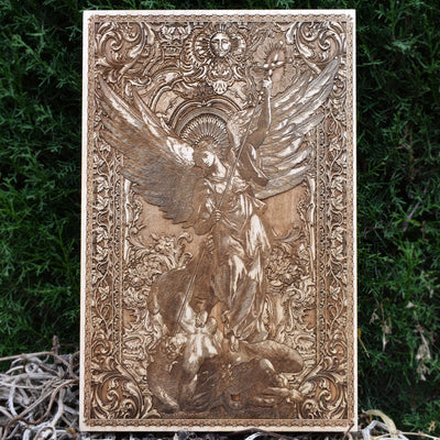 Saint Michael Archangel wood engraving - spiritual wall art for protection and blessings.