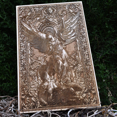 Handcrafted wooden Saint Michael decor - religious guardian angel artwork.