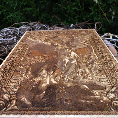 Wood-carved Saint Michael the Archangel - powerful guardian angel artwork.