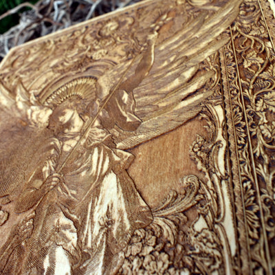 Engraved wooden Saint Michael art - Catholic gift for protection and faith.