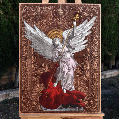 Saint Michael the Archangel wood wall art, meticulously laser-engraved and hand-painted on premium cedar wood. Featuring Saint Michael’s triumphant battle against evil, this detailed religious artwork embodies strength, faith, and divine protection. A stunning Catholic decor piece, perfect for homes, churches, or as a meaningful spiritual gift."