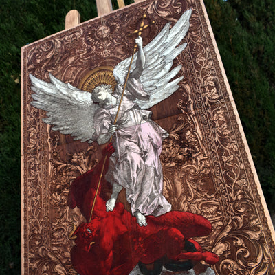 Saint Michael the Archangel wood wall art, expertly laser-engraved and hand-painted on high-quality cedar wood. This masterpiece depicts Saint Michael in a powerful stance, wielding his sword as he defeats evil, symbolizing protection, faith, and divine justice. The intricate details and rich wood grain enhance the spiritual significance of this handcrafted religious artwork. Ideal for Catholic homes, prayer rooms, churches, or as a unique Christian gift for believers seeking strength and guidance. A timele