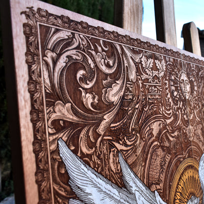 Gothic engraved wood art – gothic art, engraved wood, dark fantasy, skeleton design, artisan crafted