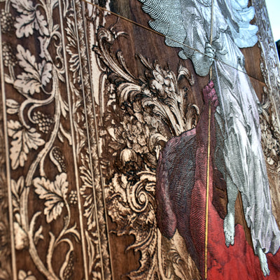 Gothic engraved wood art – gothic art, engraved wood, dark fantasy, skeleton design, artisan crafted