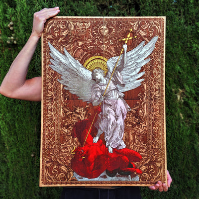 Saint Michael the Archangel wood wall art, laser-engraved and hand-painted on cedar. Featuring intricate details of Saint Michael defeating evil, this religious artwork symbolizes protection, faith, and divine strength. Perfect for Catholic decor, prayer rooms, or as a spiritual gift.