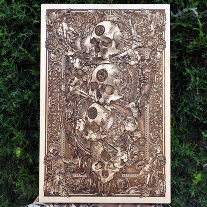 Engraved skull artwork on wood, gothic dark art wall decor